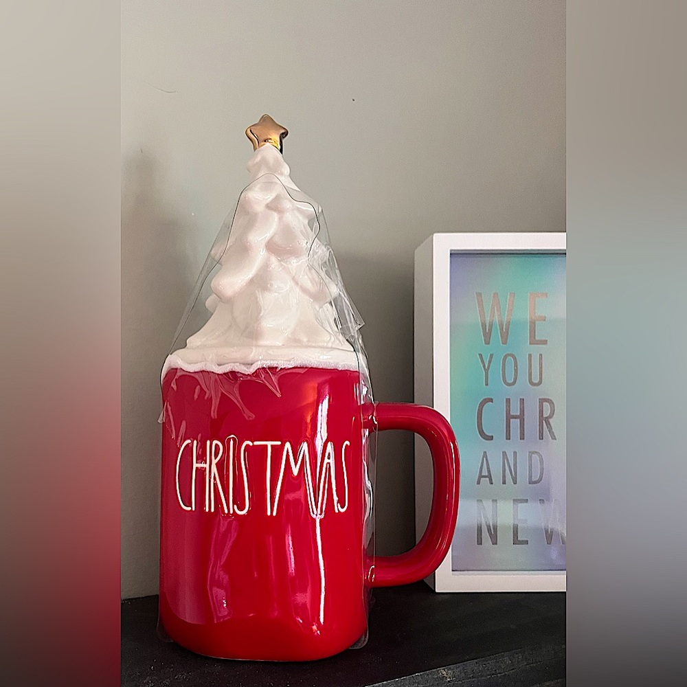 Rae Dunn red CHRISTMAS mug with tree topper